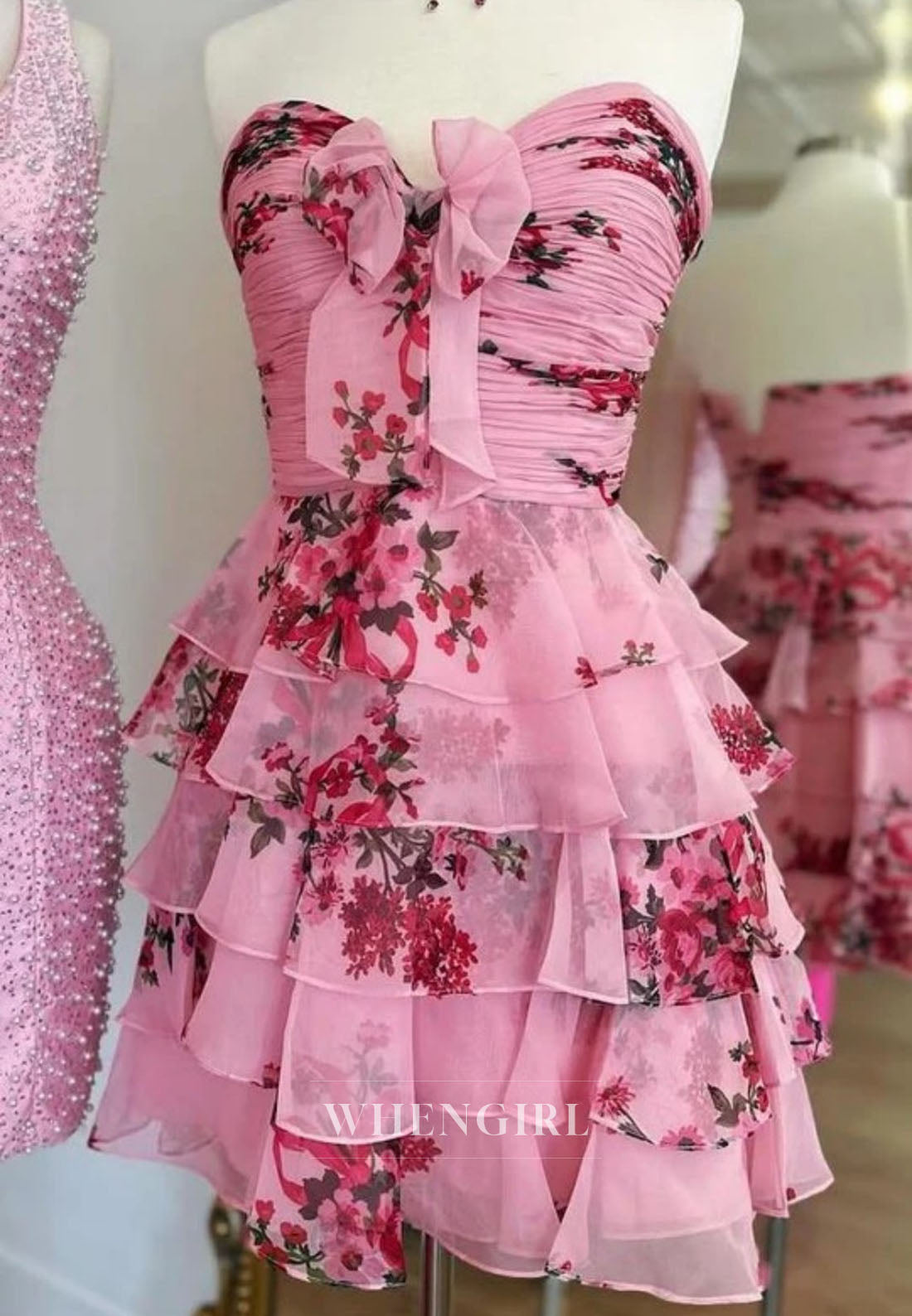 Strapless Ruched Tiered Floral Dress with Bow Detail