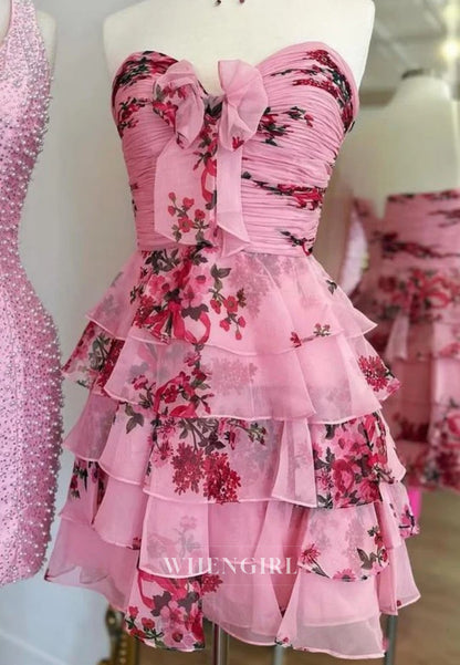 Strapless Ruched Tiered Floral Dress with Bow Detail