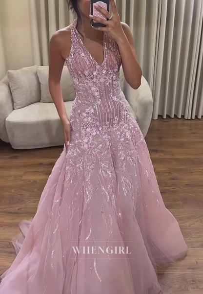 Embellished Halter Tulle Mermaid Formal Gown