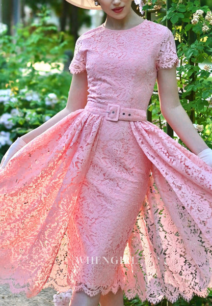 Lace Midi Dress with Overskirt and Belt