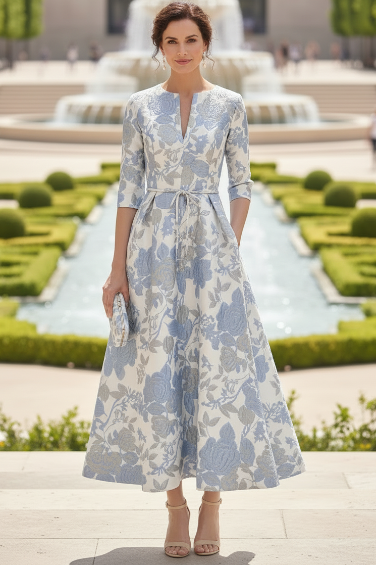 Floral Jacquard A-Line Tea-Length Dress with Pockets