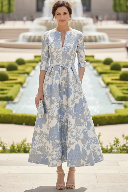 Floral Jacquard A-Line Tea-Length Dress with Pockets
