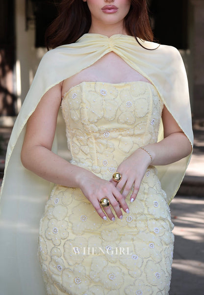 Strapless Floral Applique Gown with Chiffon Cape