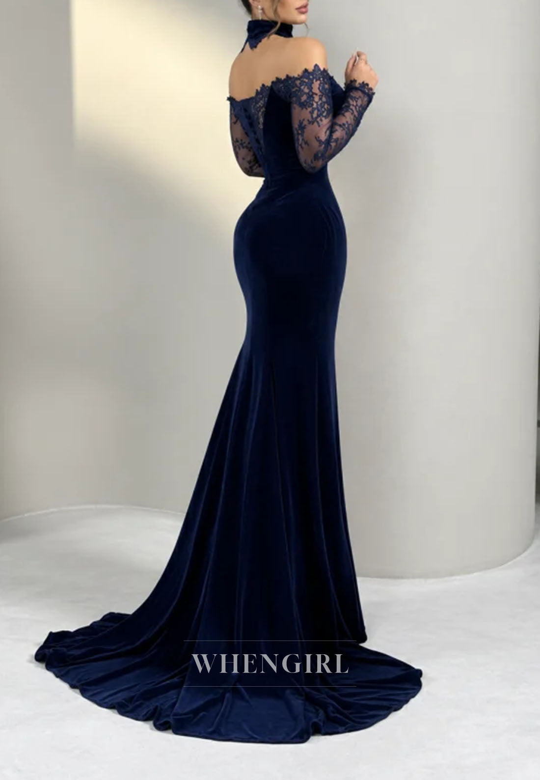 Velvet Mermaid Gown with Lace Sleeves and Choker