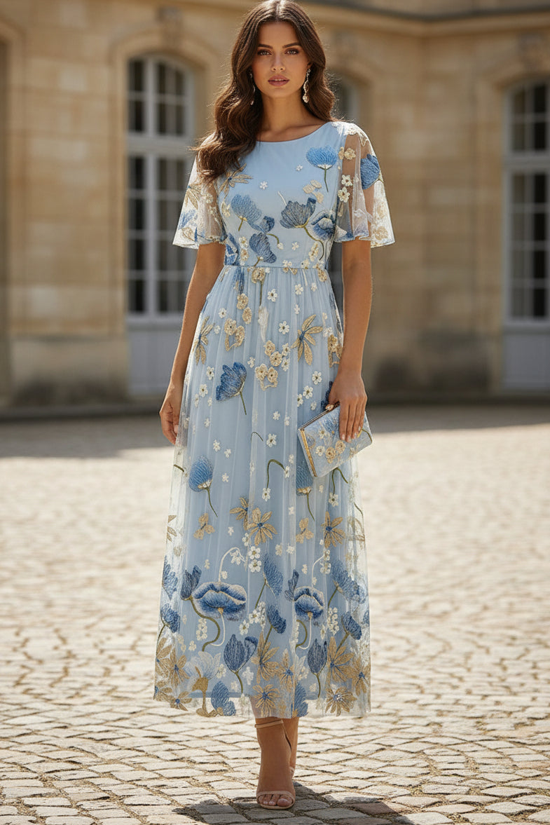 Floral Embroidered Mesh Flutter Sleeve Midi Dress