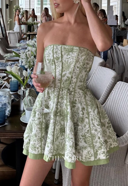 Strapless Floral Corset Mini Dress with Lace-Up