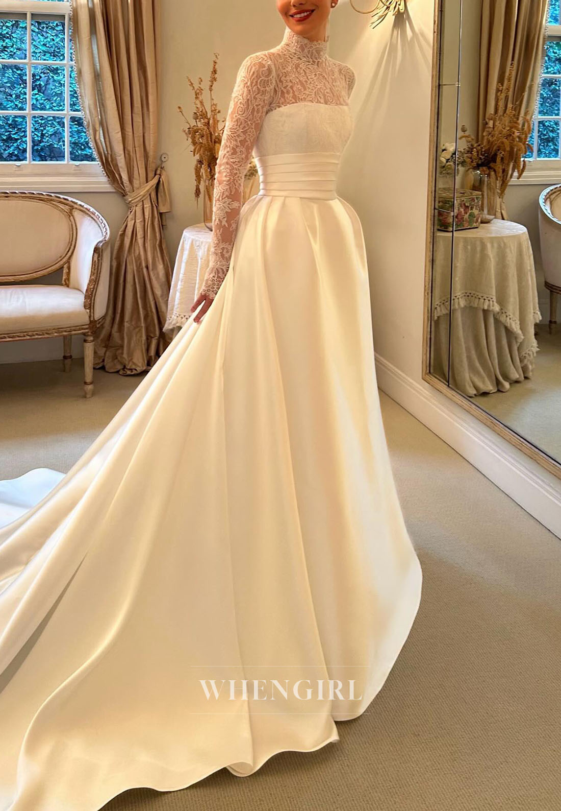 High Neck Lace Long Sleeve Satin Ball Gown Wedding Dress
