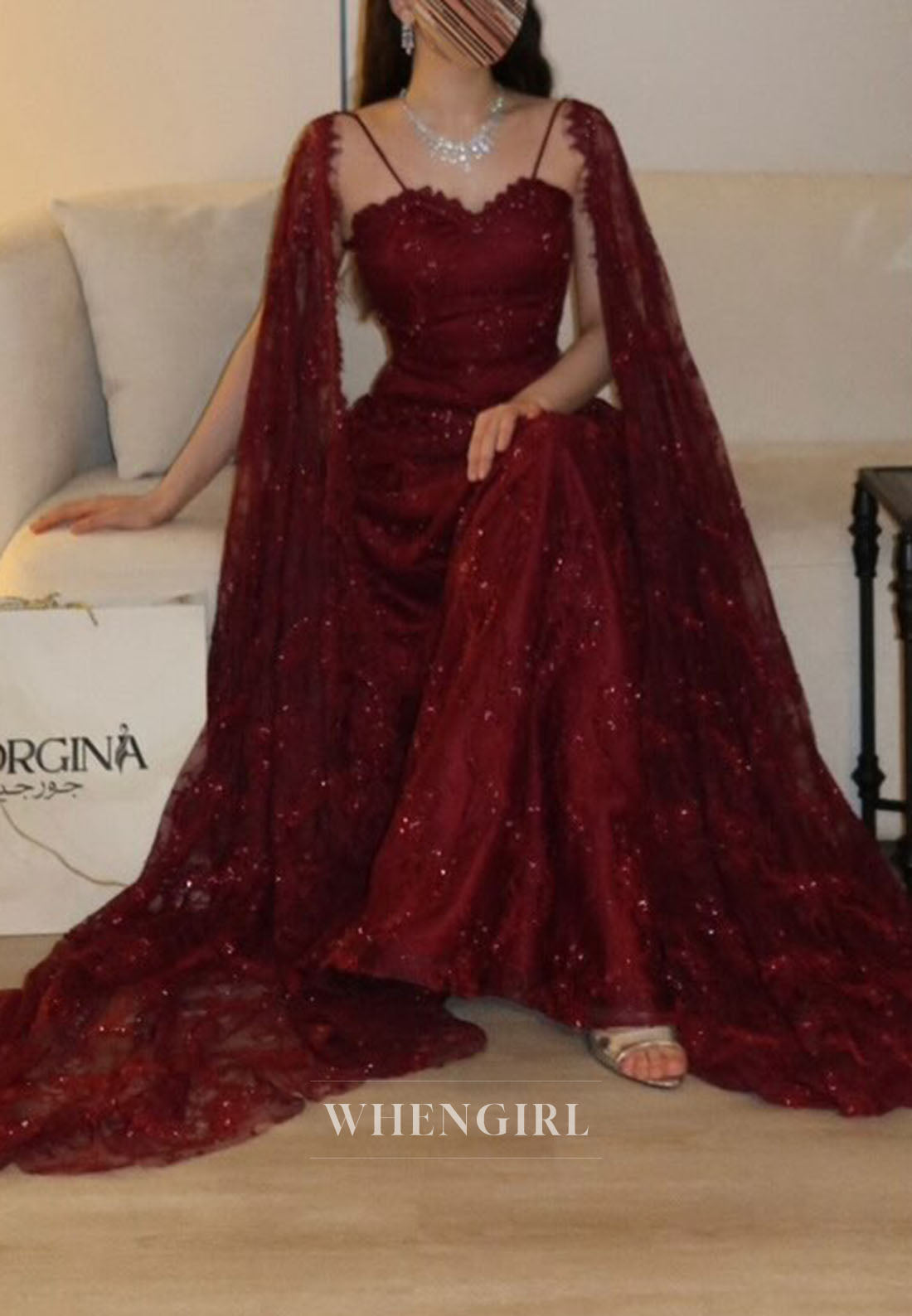 Sequined Lace Gown with Shoulder Cape Drape