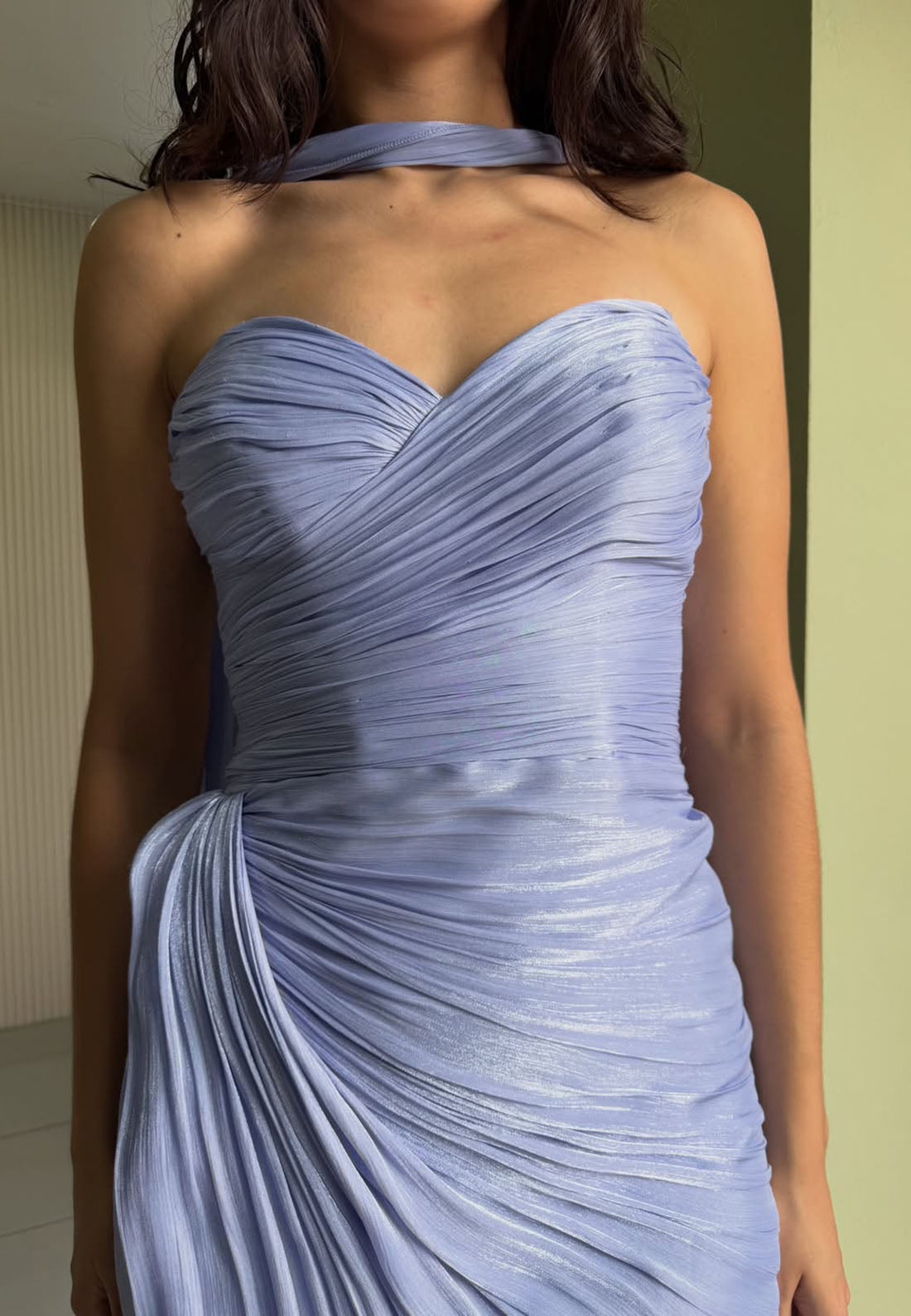 Strapless Ruched High Slit Gown with Neck Scarf