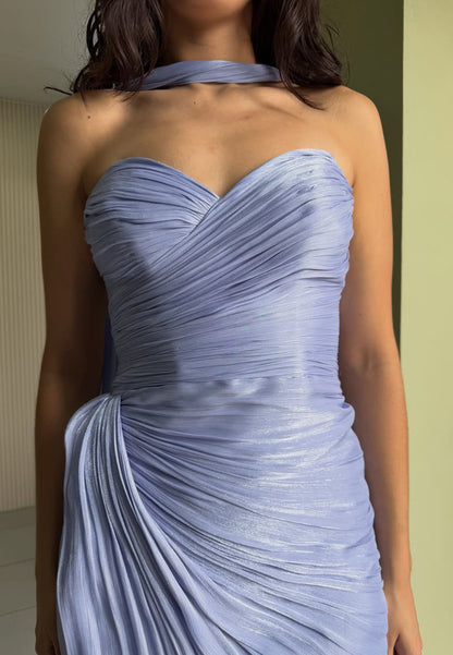 Strapless Ruched High Slit Gown with Neck Scarf
