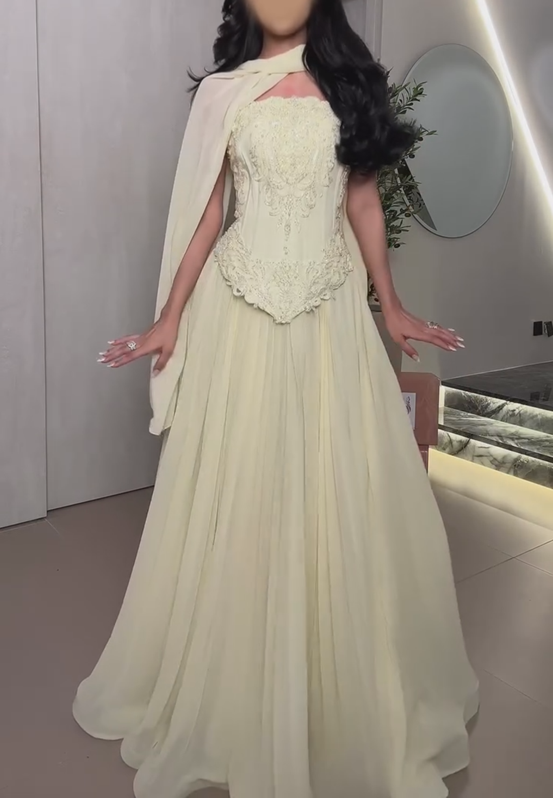 Embroidered Corset Gown with Draped Cape