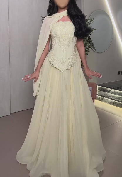 Embroidered Corset Gown with Draped Cape