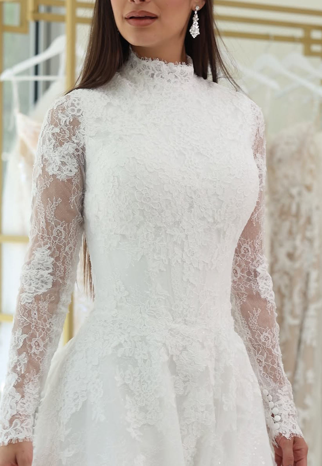 High Neck Lace Long Sleeve Ball Gown Wedding Dress
