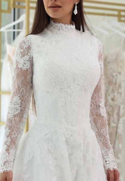 High Neck Lace Long Sleeve Ball Gown Wedding Dress