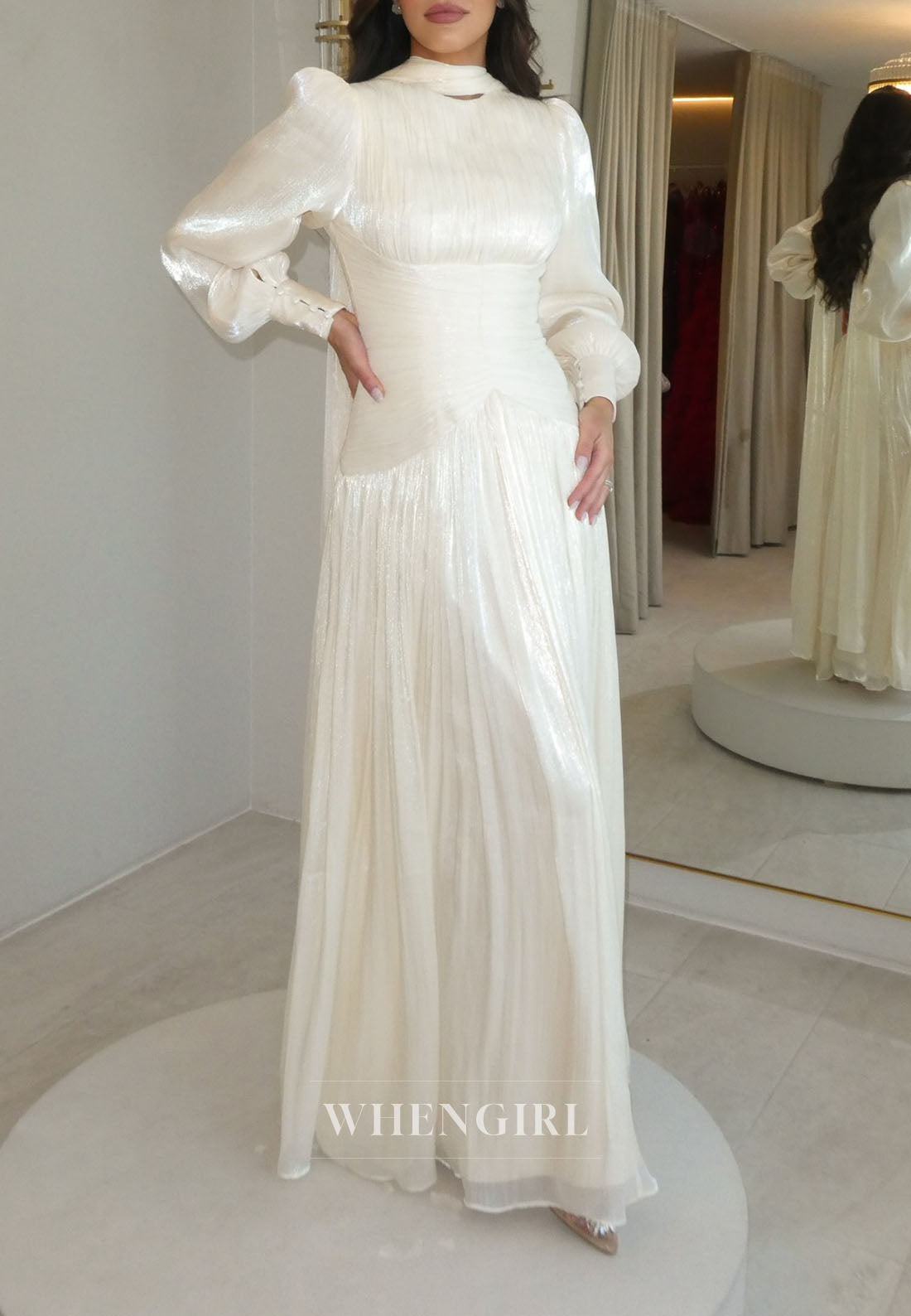Pleated Long Sleeve Gown with High Neck