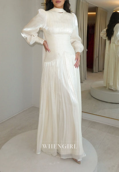 Pleated Long Sleeve Gown with High Neck