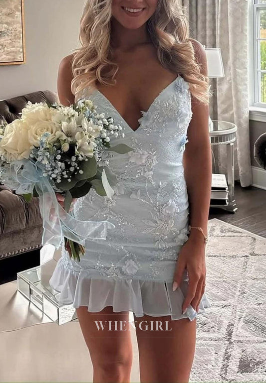 Lace Applique Mini Dress with Open Back & Ruffle Hem