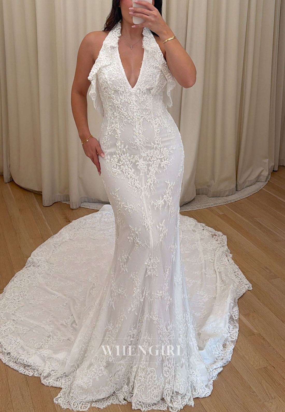 Halter Deep V-Neck Lace Mermaid Wedding Dress