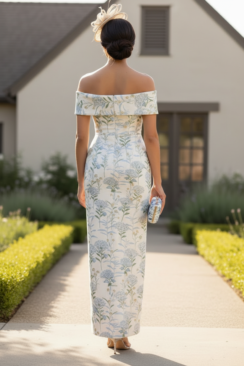 Off-Shoulder Floral Jacquard Column Dress