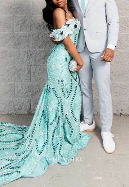 Sequined Off-the-Shoulder Mermaid Gown with Train