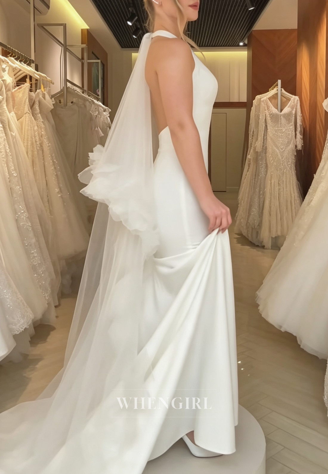 Halter Deep V Mermaid Wedding Dress with Ruffle Cape