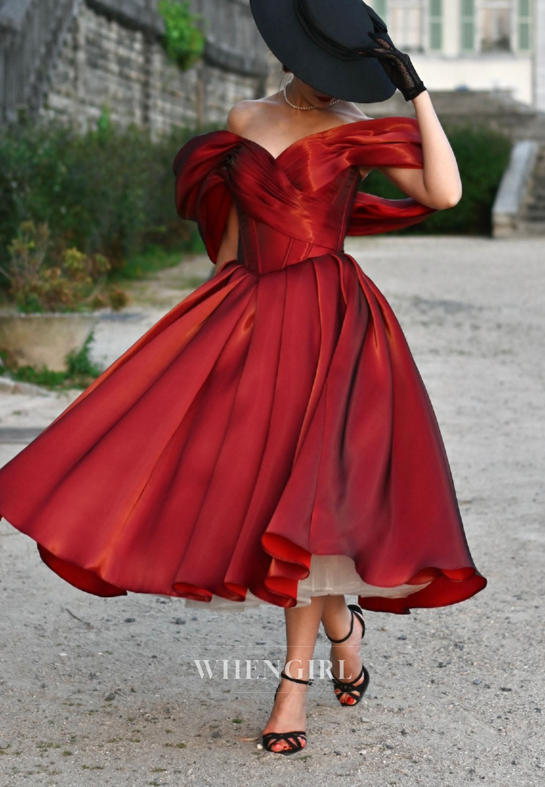 Off-the-Shoulder Pleated Tea-Length Dress