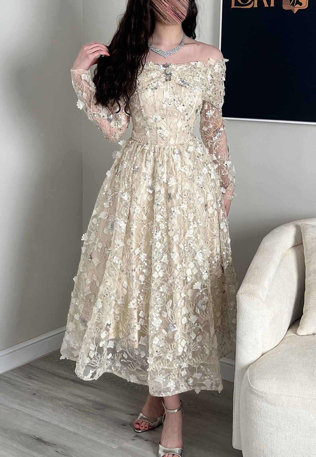 Off-the-Shoulder 3D Floral Applique Tea-Length Dress