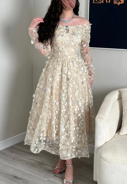 Off-the-Shoulder 3D Floral Applique Tea-Length Dress