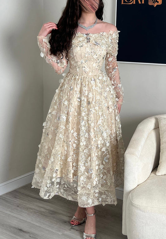 Off-the-Shoulder 3D Floral Applique Tea-Length Dress