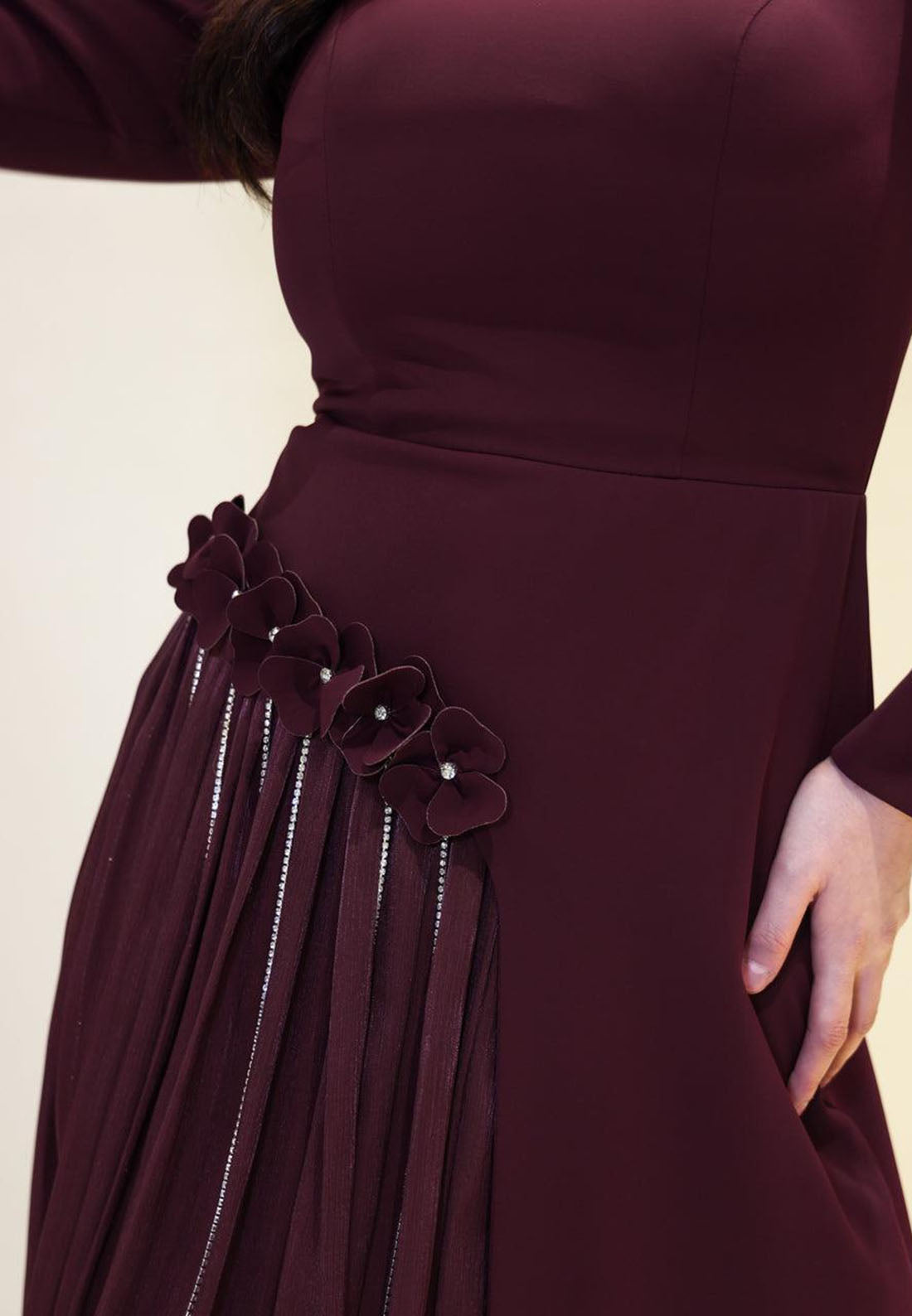 High Neck Maxi Dress with Pleated Inset & 3D Flowers