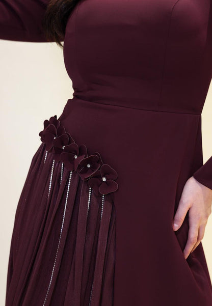High Neck Maxi Dress with Pleated Inset & 3D Flowers