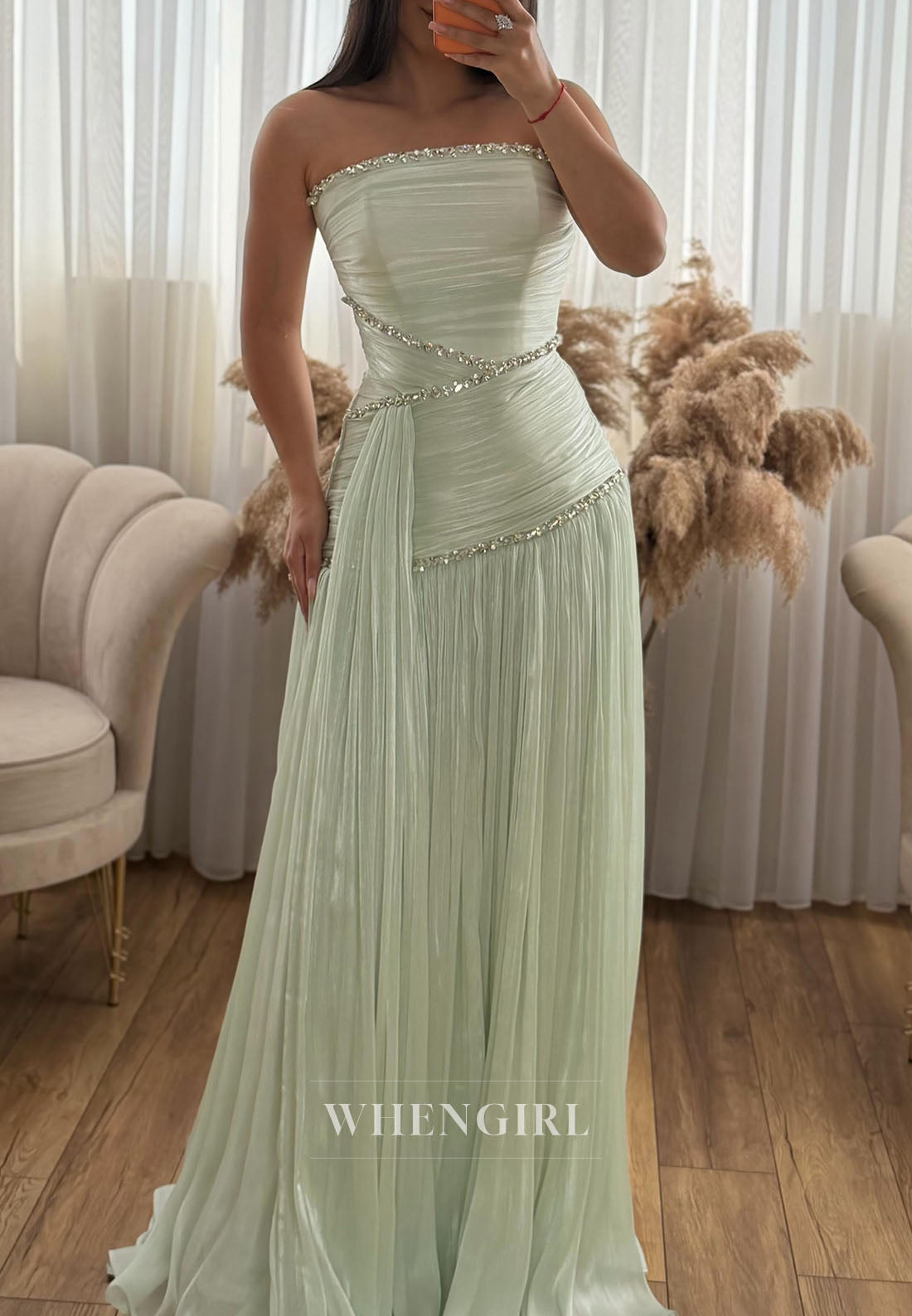 Strapless Pleated Beaded Evening Gown