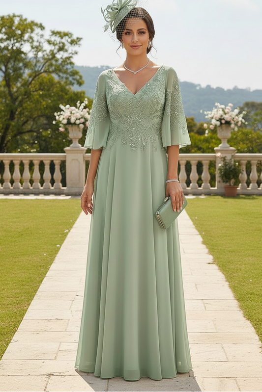Embroidered V-Neck Flutter Sleeve A-Line Gown