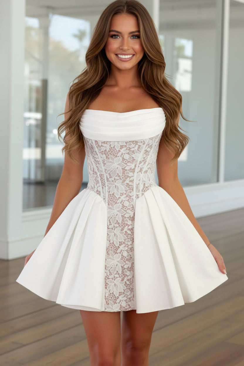 Strapless Lace Corset Pleated Satin Mini Dress