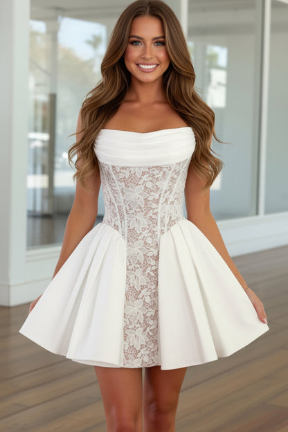 Strapless Lace Corset Pleated Satin Mini Dress