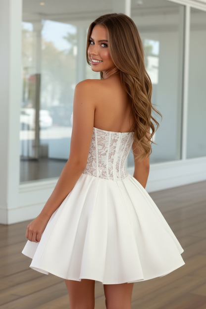 Strapless Lace Corset Pleated Satin Mini Dress