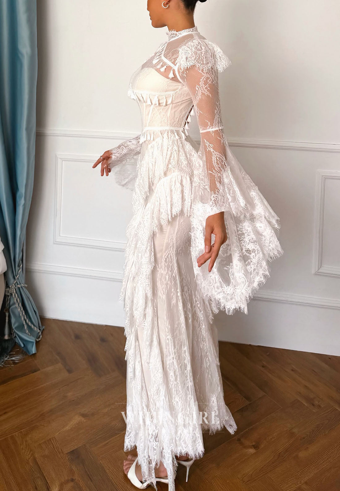 Lace Bell Sleeve Corset Gown with Tassels