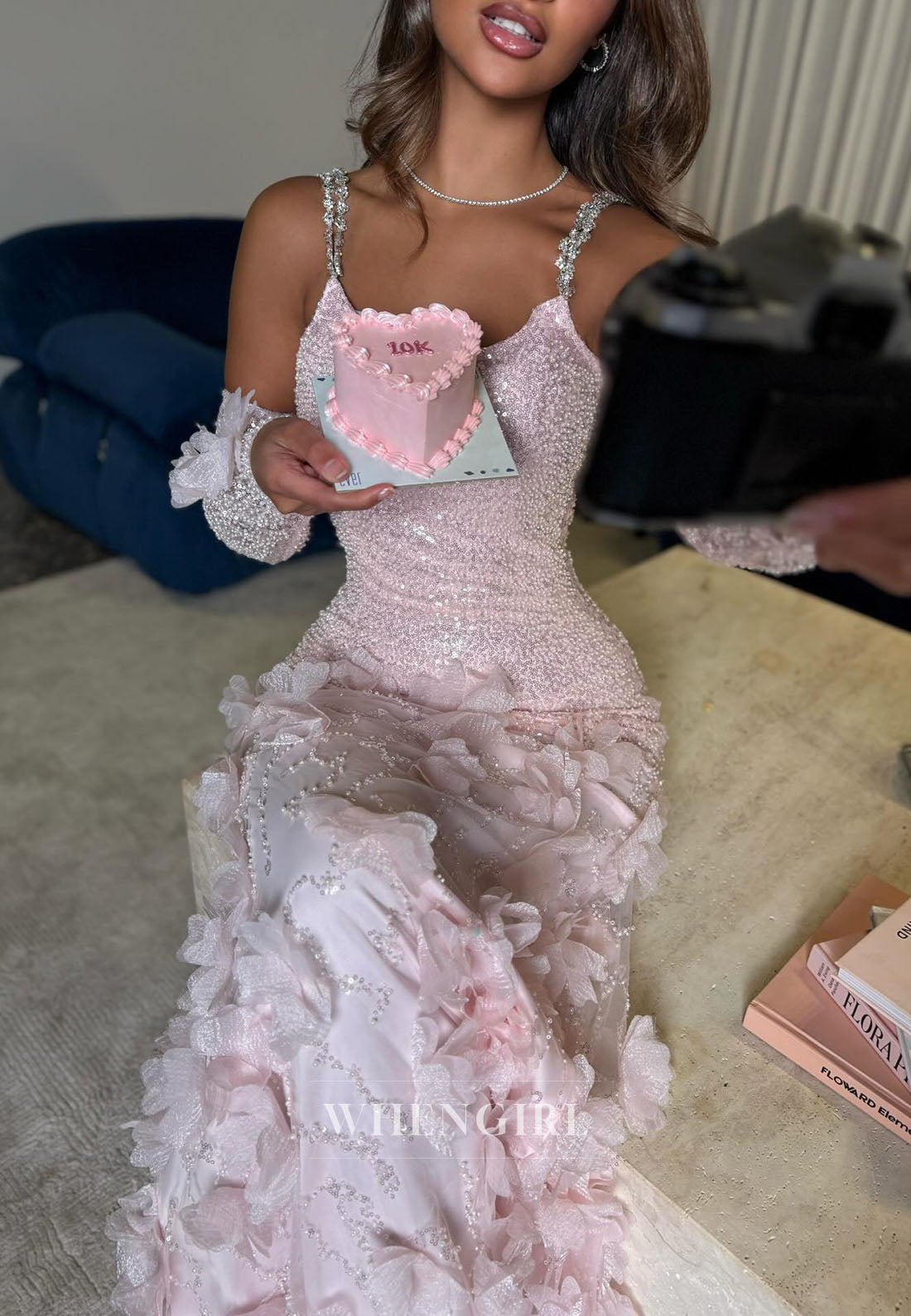 Sequined Beaded Evening Gown with 3D Florals