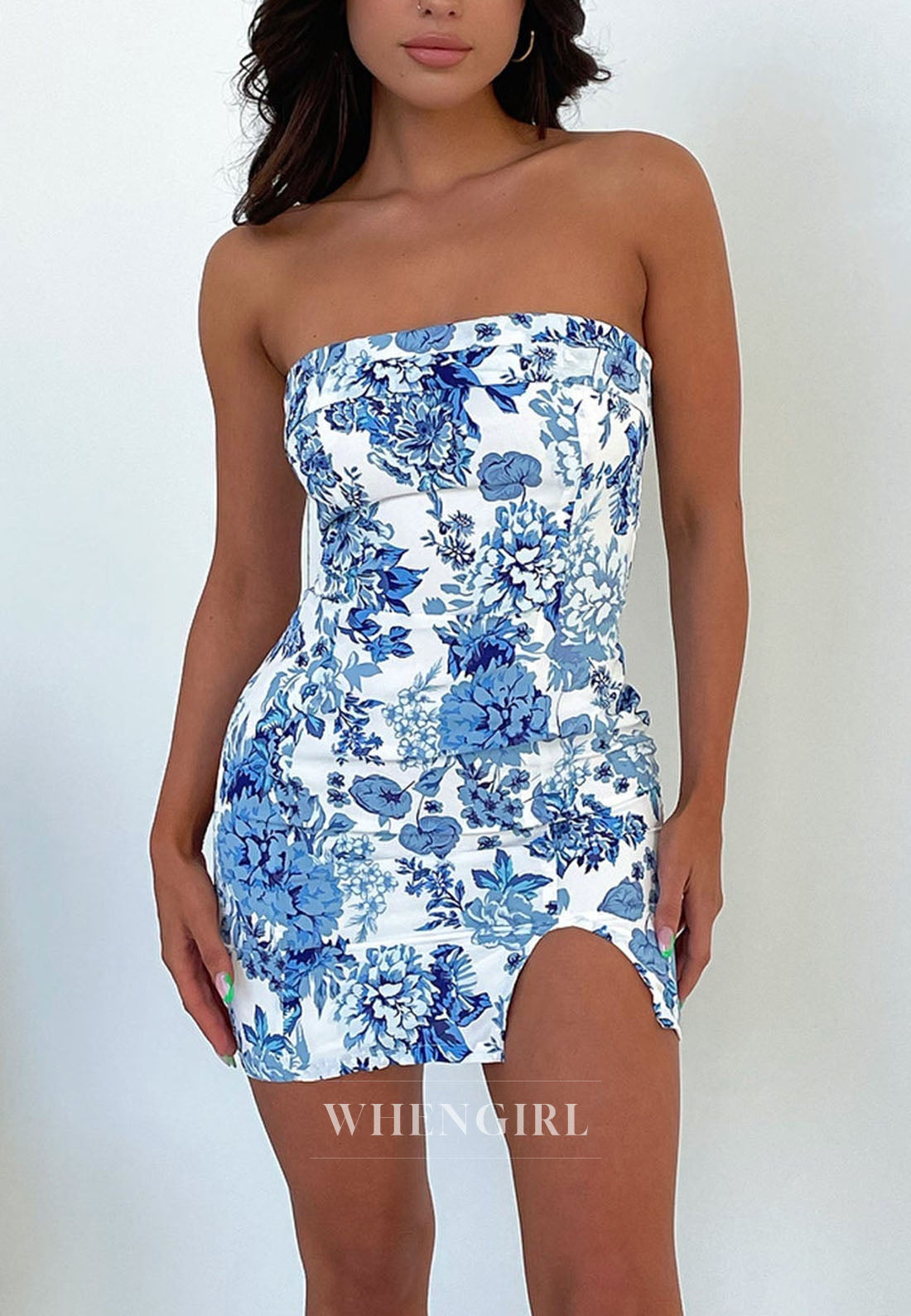 Strapless Floral Print Mini Dress with Slit