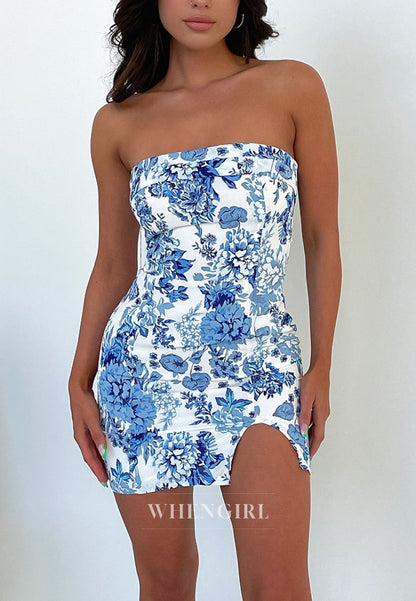 Strapless Floral Print Mini Dress with Slit