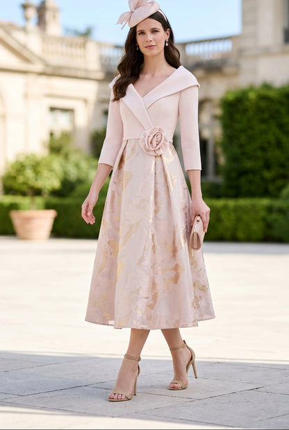 A-Line Midi Dress with Foldover Collar & Floral Skirt