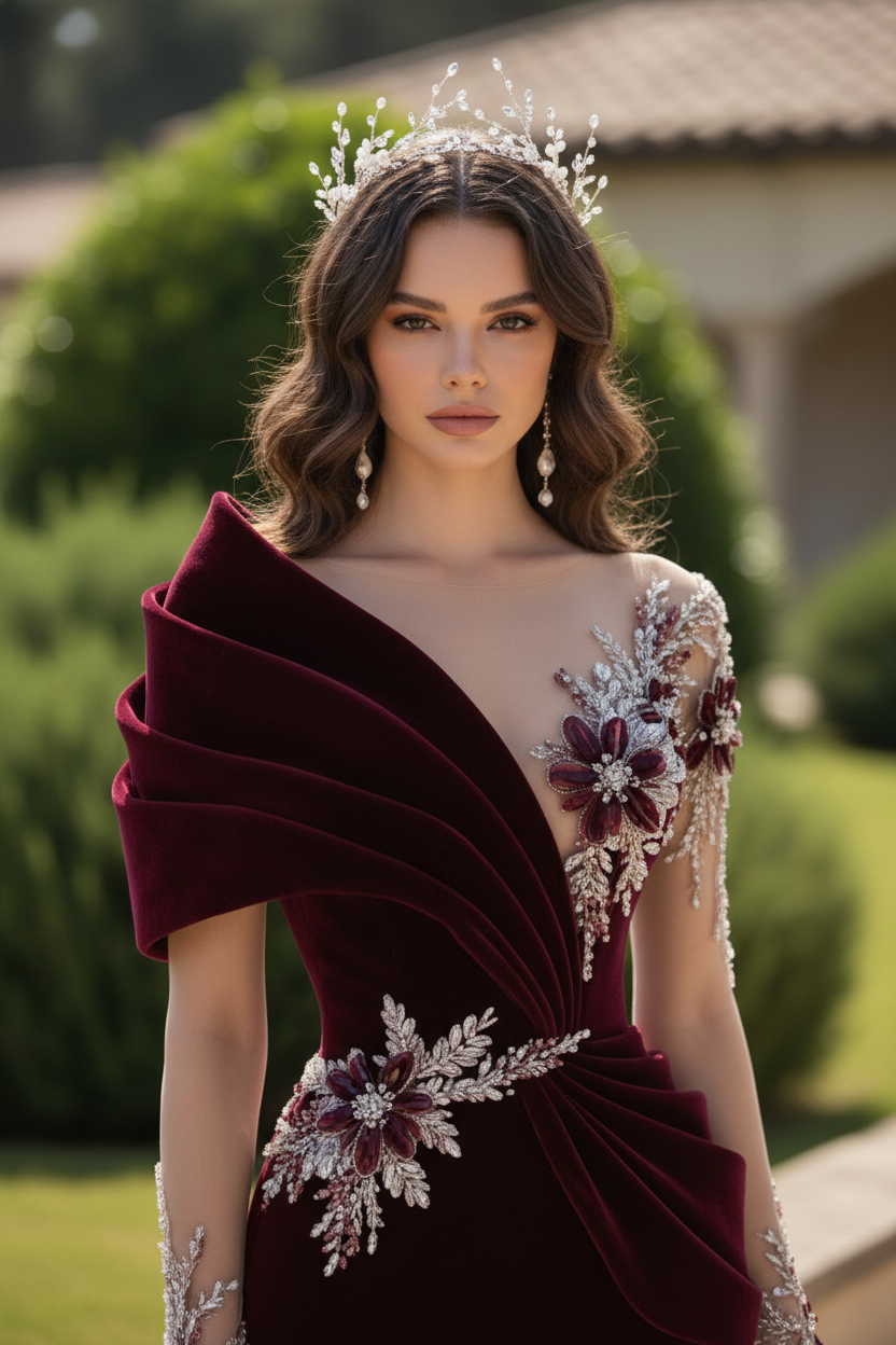 Velvet Mermaid Gown with Floral Appliques & Drape