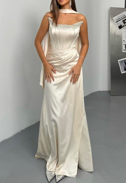 Corset Evening Gown with Beaded Neckline & Cape
