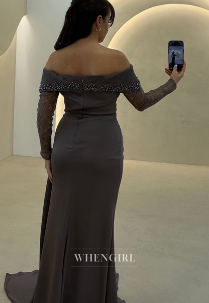 Off-Shoulder Pearl Embellished Lace Sleeve Gown