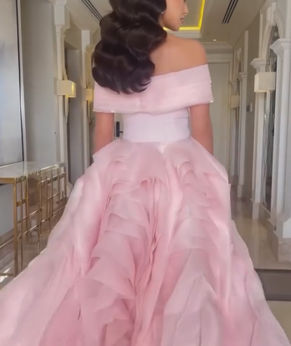 Off-the-Shoulder Evening Gown with Cascading Train