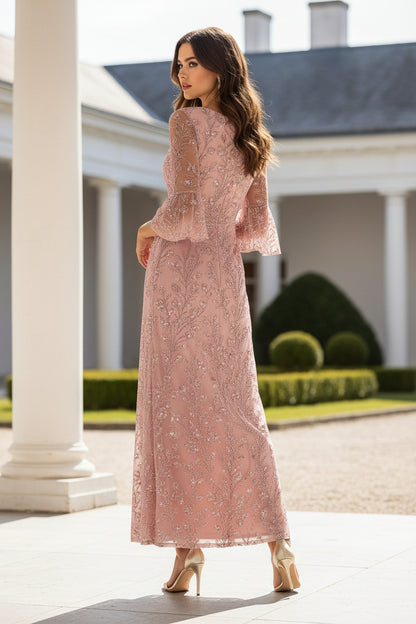 Sequin Floral V-Neck A-Line Gown with Bell Sleeves