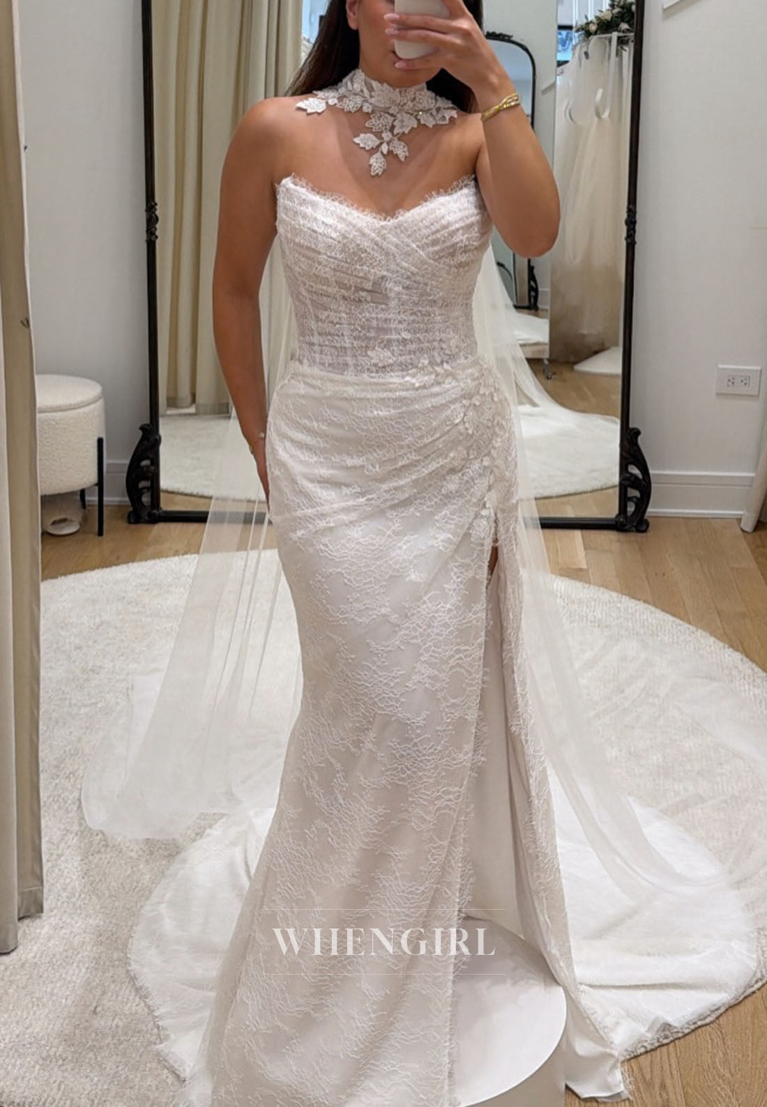 Strapless Ruched Lace Wedding Dress with High Slit
