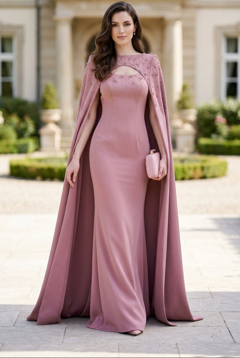 Embellished Cape Floor-Length Gown with Cut-Out