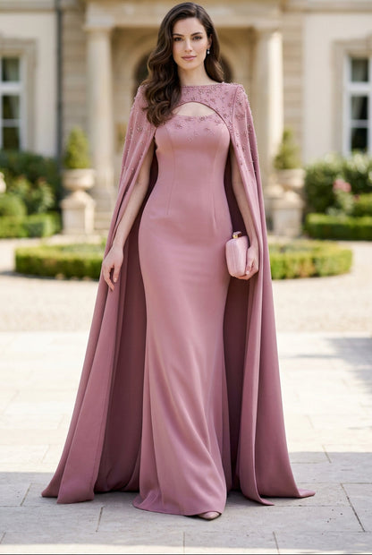 Embellished Cape Floor-Length Gown with Cut-Out