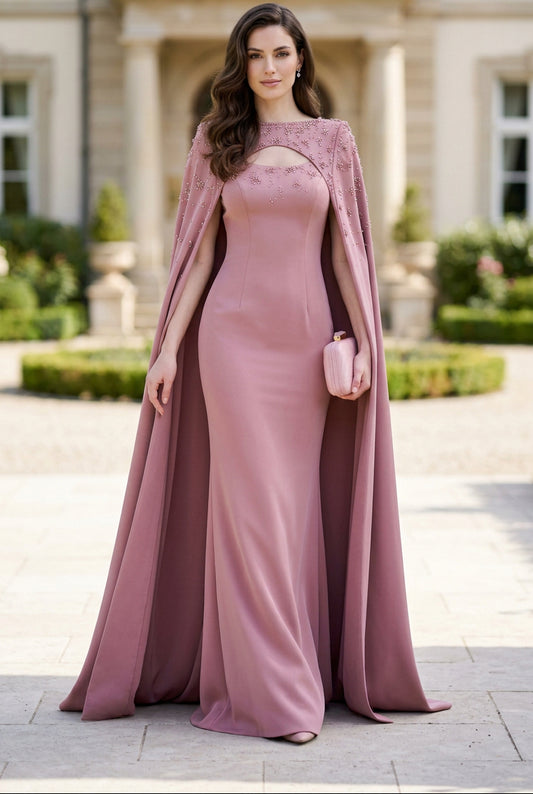 Embellished Cape Floor-Length Gown with Cut-Out